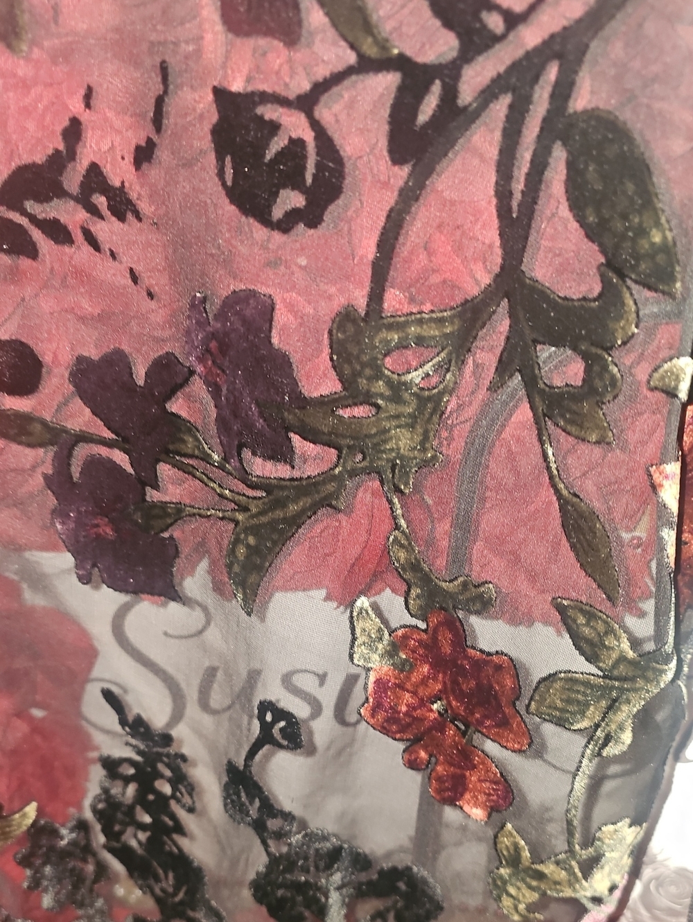 Women's Black & Maroon Sheer Velvet Floral Embroidered Scarf